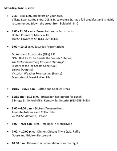 Itinerary: Saturday, November 3, 2018