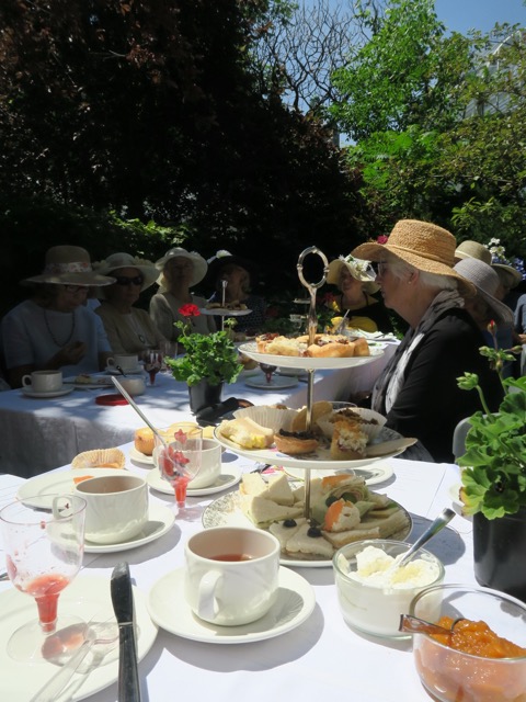 Our refreshments consisted of fruit salad, a variety of delicious finger sandwiches, potato knishes, bagel and smoked salmon bites, buttery scones with clotted cream and jam, and a variety of cakes and cookies.  Plenty of cold, sweet, lemony iced tea was on hand to quench our thirsts in the hot sun.